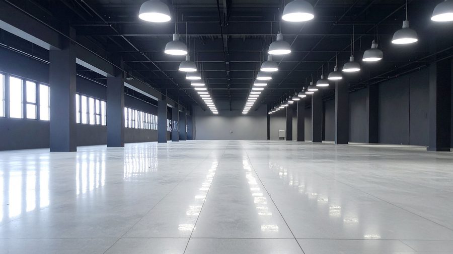 Empty warehouse interior with high-bay lighting after fit-out
